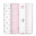 Displayed are four aden + anais Essentials Cotton Muslin Swaddles, made from breathable cotton muslin. Patterns, left to right: gray dots on white, pink/white stripes, gray/pink stars on white, and thin pink/white stripes—ideal as a versatile baby blanket for your little one.
