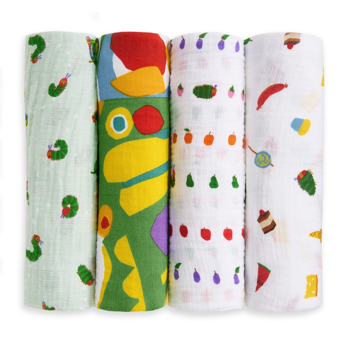 The aden + anais essentials cotton muslin swaddle blanket 4 pack features lightweight, soft blankets with colorful prints—caterpillars, abstract shapes, fruits, and foods—ideal for cozy baby snuggles.