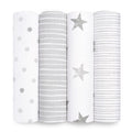 Four rolled-up aden + anais Essentials Cotton Muslin Swaddle Blankets are displayed vertically. The designs from left to right include gray polka dots, horizontal stripes, stars, and close-set lines on a crisp white background, offering timeless elegance and softness.