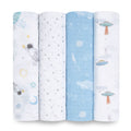 The aden + anais essentials cotton muslin swaddle blanket 4 pack features breathable blankets with playful space-themed designs, including astronauts, stars, clouds in a blue sky, and UFOs. The soft color palette combines white, light blue, and gentle pops of color.