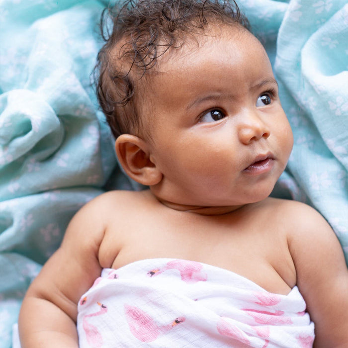 A curious baby with curly hair lies on a light blue blanket, wrapped in an aden + anais essentials cotton muslin swaddle featuring a white and pink flamingo pattern.