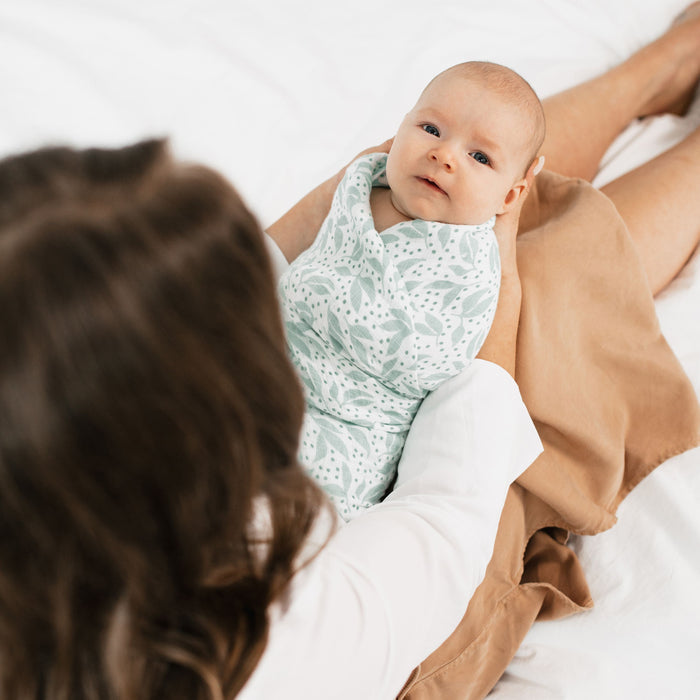 A baby lies swaddled in an essentials cotton muslin swaddle blanket by aden + anais, adorned with a leafy pattern. An adult partially seen from behind cradles the baby on their knees, all set upon a soft, white surface.