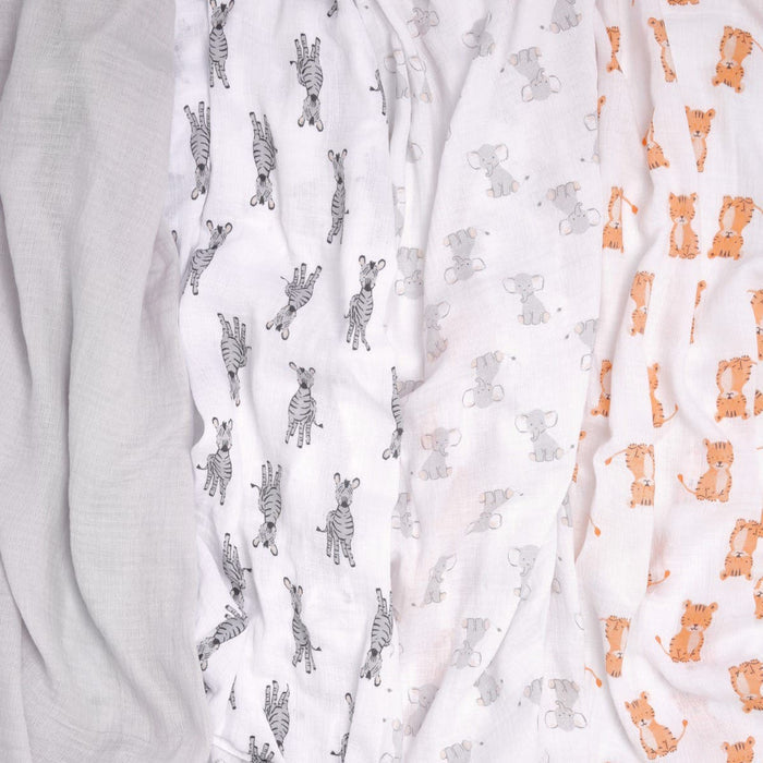 Explore our stylish fabric swatches for crafting aden + anais essentials cotton muslin swaddle blankets. Featured patterns include: plain grey, zebras on white, elephants on light grey, elephants on white, and giraffes with an orange tint—all adorned with adorable tiny animals.