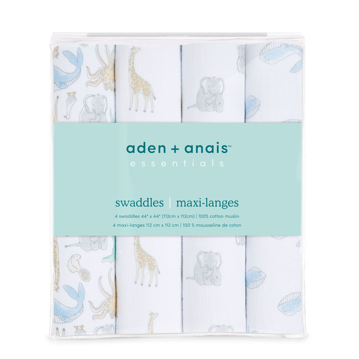 The aden + anais essentials cotton muslin swaddle blanket 4 pack features pastel safari animals and leaves on breathable pure cotton. Each versatile blanket measures 44 x 44 (112 cm x 112 cm), providing comfort and style for every nursery need.
