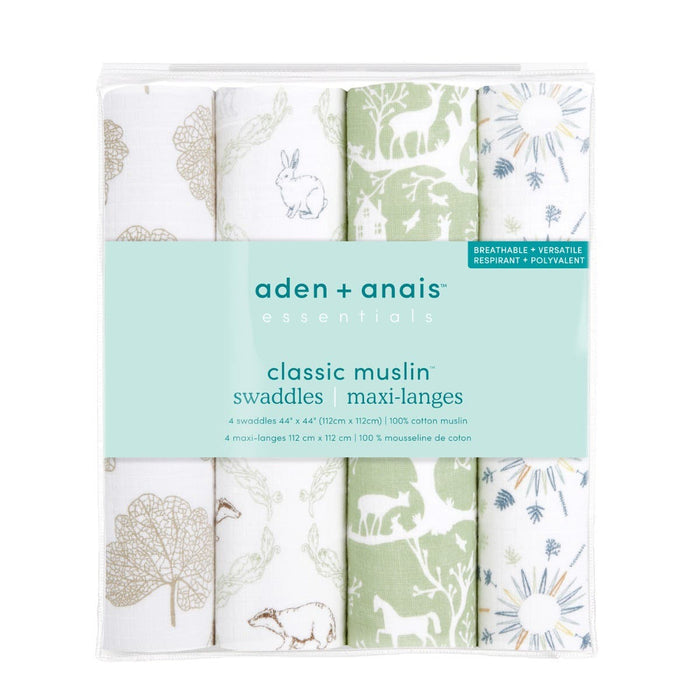 Discover the aden + anais essentials cotton muslin swaddle blanket 4 pack, featuring nature-themed designs with rabbits, trees, and leaves in soothing green, gold, and gray. These 44 x 44-inch swaddles are made from breathable cotton muslin for your babys comfort.