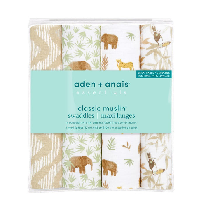 This aden + anais essentials cotton muslin swaddle blanket 4 pack includes four breathable 44x44 inch blankets made from 100% cotton muslin, featuring charming elephants, giraffes, and foliage patterns.