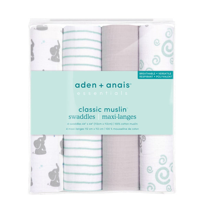 Packaged as aden + anais essentials cotton muslin swaddle blanket 4 pack, these versatile blankets feature 100% breathable cotton with elephants, green stripes, solid gray, and swirls. Each 112 cm square is perfect for keeping your little one cozy and comfortable.