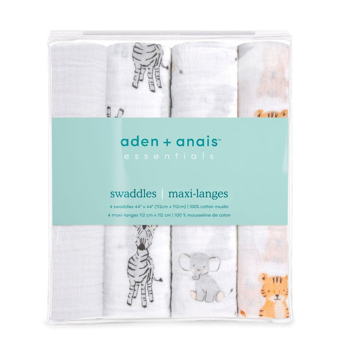 Discover the charm of aden + anais with their essentials cotton muslin swaddle blanket 4 pack, featuring delightful animal prints like zebras, elephants, and lions. Each includes four 100% cotton muslin swaddles, sized at 44 x 44.