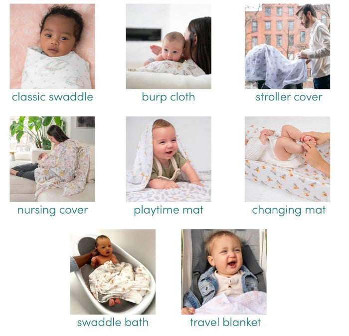 A collage displays eight ways to use the aden + anais Disney™ Lilo and Stitch essentials cotton muslin swaddle blanket 4 pack, featuring a baby or toddler with each: classic swaddle, burp cloth, stroller or nursing cover, playtime mat, changing mat, bath wrap, and travel blanket.