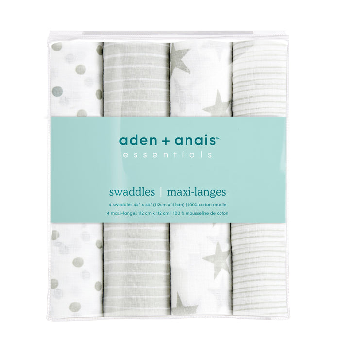 An aden + anais 4-pack of essentials cotton muslin swaddles features gray polka dots, stripes, stars, and checks. The breathable fabric ensures comfort and the packaging provides essential product information.