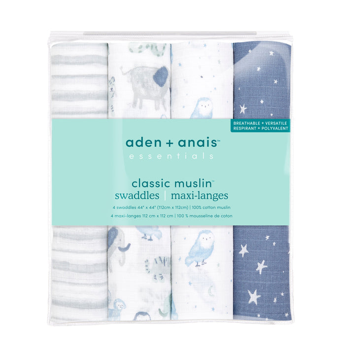 Explore the aden + anais essentials cotton muslin swaddle blanket 4 pack. This breathable set includes designs like gray stripe, green animals, blue animals on scooters, and white with blue stars. Packaged in a light teal box, it showcases detailed product information.