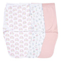 The aden + anais essentials easy swaddle wrap 3 pack includes a rainbow-patterned swaddle, a floral design, and a plain pink wrap. Designed to prevent the startle reflex, these swaddles provide comfort and security.