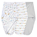 The aden + anais essentials easy swaddle wrap quick change 3 pack TOG 1.0 features two pastel animal and alphabet print wraps and one solid light gray, all laid out flat—ideal for cozy sleep or easy diaper changes.