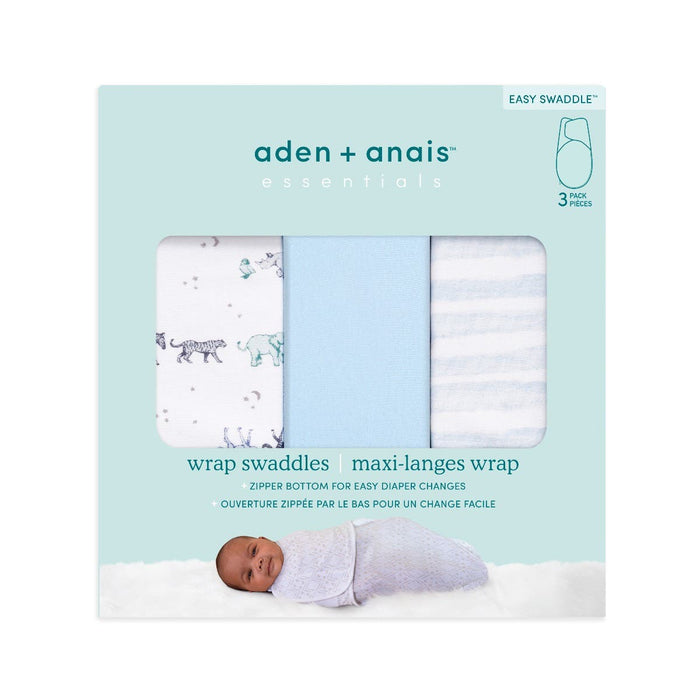 The aden + anais essentials easy swaddle wrap quick change 3 pack TOG 1.0 includes designs like animal prints, solid light blue, and blue with white stripes. Each features adjustable fasteners for a snug fit, and the package shows a baby wrapped in one of these swaddles at the bottom.