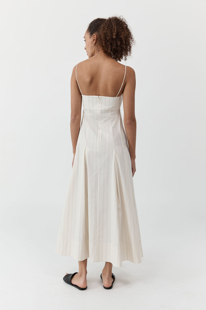 Everyday Cotton Pleat Dress - Ecru Stripe