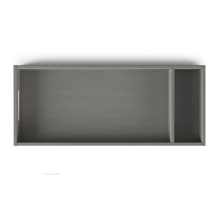 Top view of the Child Craft F01792 Universal Changing Table Topper in Lunar Gray, featuring a modern design with one large left compartment and a smaller vertical right compartment.
