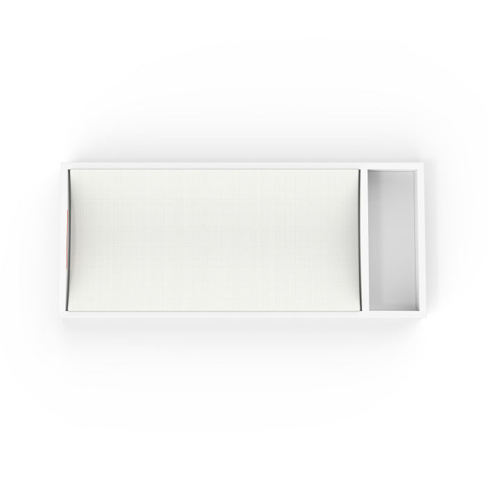 The Child Craft F01792 Universal Changing Table Topper in Matte White features a rectangular design with a spacious main section and a smaller square compartment on the right, shown from above on a white background.