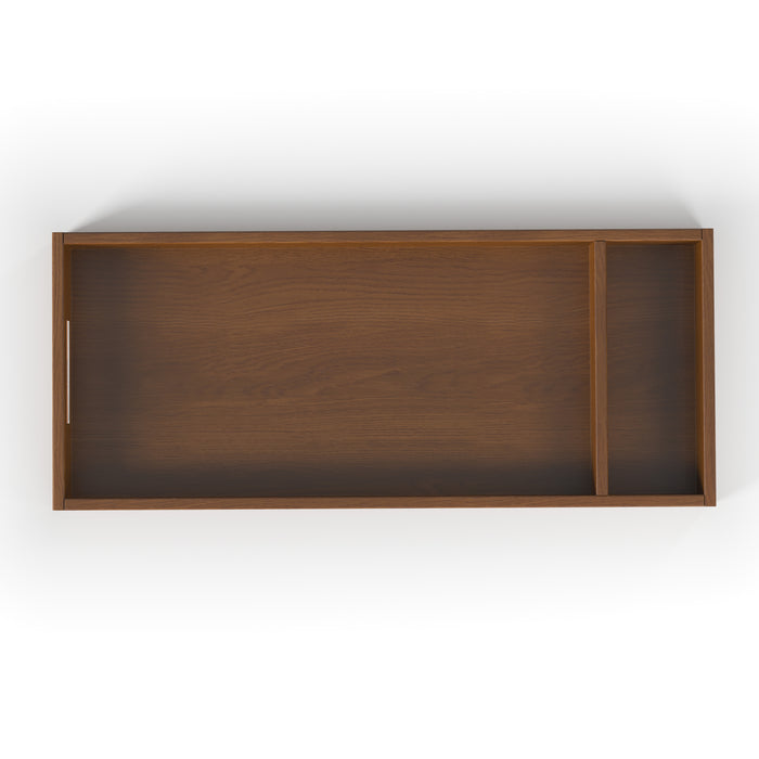 The Child Craft F01792 Universal Dressing Kit in Coach Cherry is a wooden rectangular tray with a divider, forming one large left and one smaller right compartment—perfect as a changing table topper or diaper changing station.