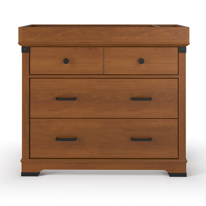 The Child Craft F01792 Universal Dressing Kit in Coach Cherry features two small upper drawers and two larger lower drawers with black metal handles, shown against a white background.