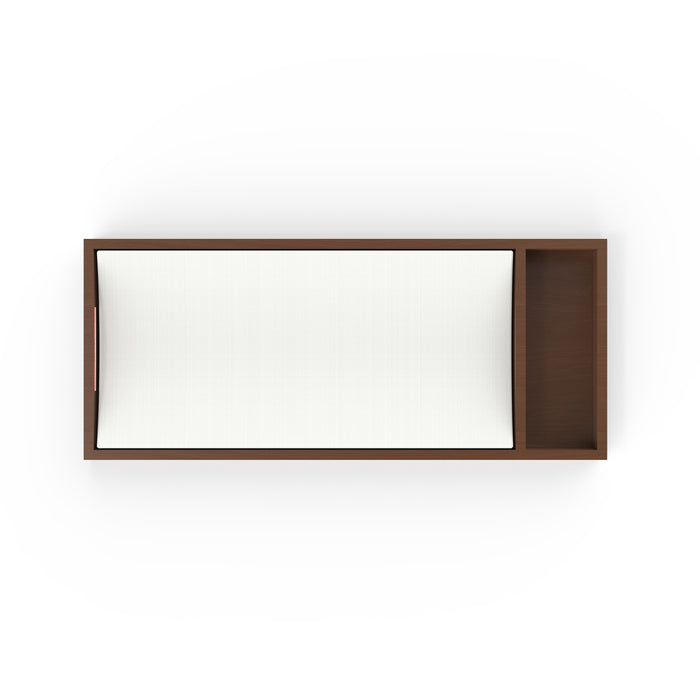 A top-down view of a rectangular wooden bed frame with a white mattress and an empty built-in bedside shelf, perfect for holding the Child Craft F01792 Universal Dressing Kit in Toasted Chestnut as a baby changing tray.