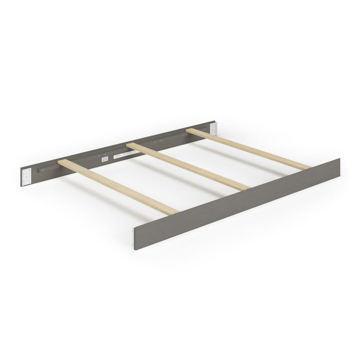 The Child Craft F06401 Full-Size Bed Rail in Lunar Gray includes two gray metal rails, a matching head rail, and three light wood slats—sturdy components designed to support a full-size mattress.