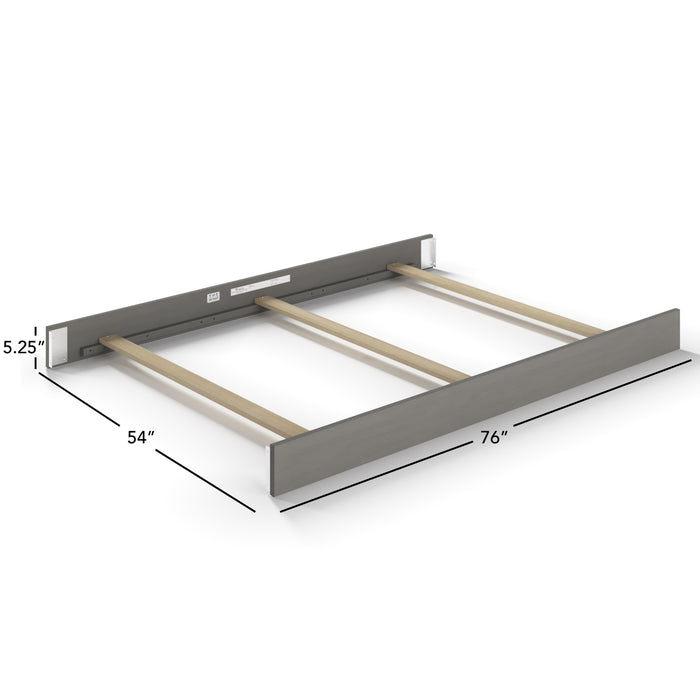 The Child Craft F06401 Full-Size Bed Rail in Lunar Gray features wooden construction with three horizontal slats, gray side and end panels, and measures 54" W x 76" L x 5.25" H.