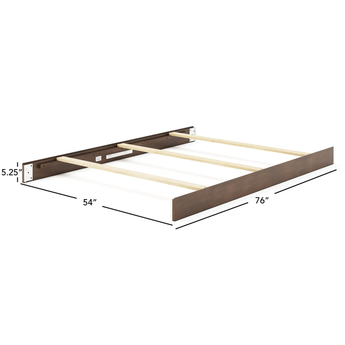 The Child Craft F06401 Full-Size Bed Rails in Cocoa Bean are made of sturdy pine, featuring three support slats. Shown angled, the rails measure 54" wide, 76" long, and 5.25" tall.
