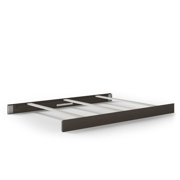 The Child Craft F06401 Full-Size Bed Rails in Dapper Gray feature a modern, low-profile wooden frame with metal support slats and a simple rectangular headboard and footboard, shown without a mattress or bedding.