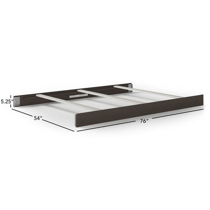The Child Craft F06401 Full-Size Bed Rails in Dapper Gray is a low-profile bed frame with three white support slats, modern minimalist dark front panel, and measures 76"W x 54"D x 5.25"H.