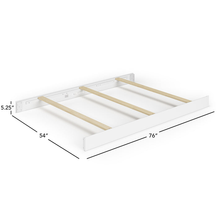 The Child Craft F06401 Full-Size Bed Rails in matte white feature three light wood slats, fit standard full beds, and measure 76"L x 54"W x 5.25"H. Black measurement lines and labels clearly indicate the dimensions.
