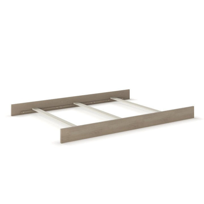 The Child Craft F06424 Full-Size Bed Rails in Crescent Grey feature two long rails with three metal slats for mattress support. Designed for crib conversion kits; headboard and footboard not included.