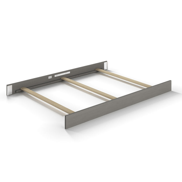 The Child Craft F06424 Full-Size Bed Rails in Lunar Gray feature three wooden slats and a sturdy metal headboard and footboard, ideal for use with a crib conversion kit or as part of a full-size bed rail system.