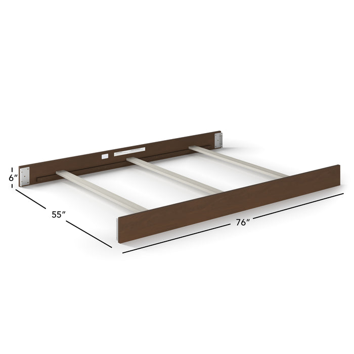 The Child Craft F06424 Full-Size Bed Rails in Toasted Chestnut provide a sturdy wooden foundation with three horizontal support slats, measuring 76" wide, 55" deep, and 6" high.