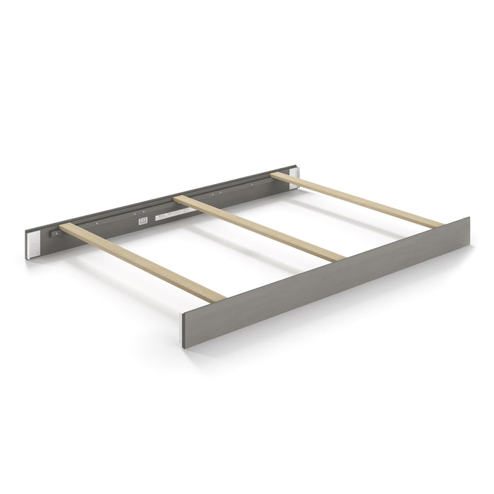 The Child Craft F06434 Full-Size Bed Rail in Lunar Grey is shown on a white background. This modern gray metal and wood rail features three wooden support slats, along with sturdy low-profile headboard and footboard for stability.