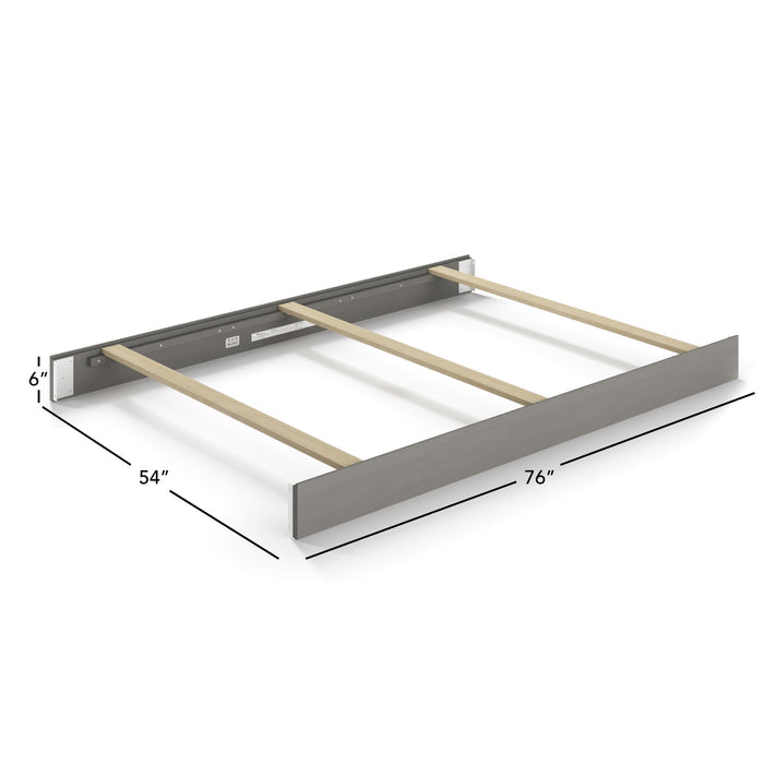 The Child Craft F06434 Full-Size Bed Rail in Lunar Grey features sturdy metal and wood construction, three wooden support slats, gray side panels, and measures 54"W x 76"L x 6"H.