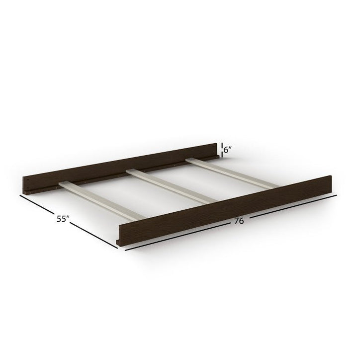 The Child Craft F06454 Full-Size Bed Rails in Jamocha feature a dark wood finish and three metal support beams, measuring 55"W x 76"L x 6"H.