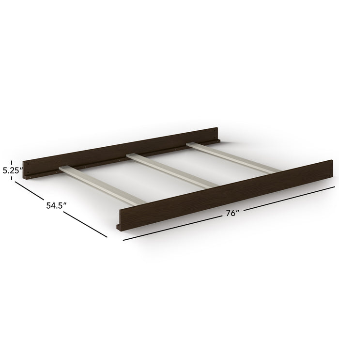 The Child Craft F06454 Full-Size Bed Rails in Slate feature four horizontal metal slats and sturdy wooden rails, measuring 76"W x 54.5"D x 5.25"H—perfect for converting your Child Craft crib to a full-size bed. Shown on white with dimension lines.