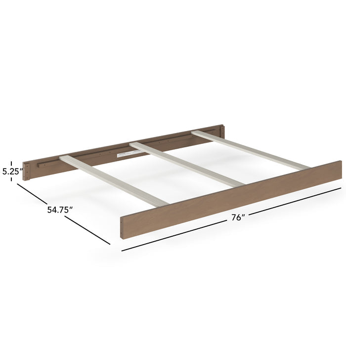 The Child Craft F06464 Full-Size Bed Rail in Dusty Heather features three metal support slats and sturdy wooden rails, measuring 76"W x 54.75"D x 5.25"H, displayed on a white background with dimension lines.