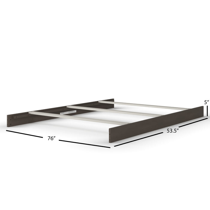 A Child Craft F06474 Full-Size Bed Frame in Dapper Gray with dark sides, sturdy metal beams, and dimensions 76"L x 53.5"W x 5"H—ideal for use with compatible Child Craft bed rails.