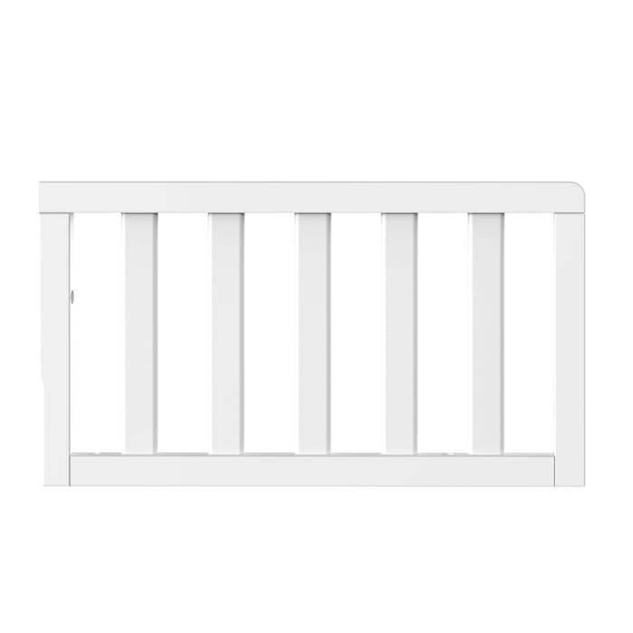 The Child Craft F09501 Toddler Guard Rail in Matte White features strong wood construction and vertical slats to prevent falls. The side-view image highlights its simple, modern design.