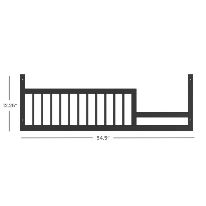 The F09502 Toddler Guard Rail in Ebony by Child Craft features vertical slats, measures 54.5" wide x 12.25" tall, and provides a secure crib conversion kit for your child's safety.