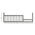 The Child Craft F09502 Toddler Guard Rail in Lunar Gray features vertical slats and side profile, measuring 54.5" long by 12.25" high. Designed for crib conversion kits, it pairs with Child Craft cribs for added safety. Measurement lines show dimensions.