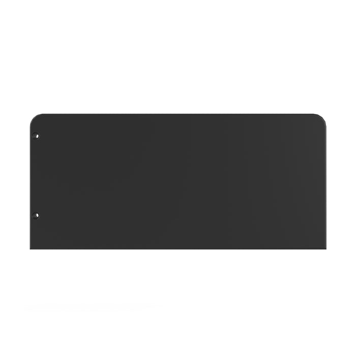 The Child Craft F09505 Toddler Guard Rail in Caviar Black is a solid rectangular metal panel with two left-side holes and rounded top corners, featuring a smooth surface for durability and style as part of a crib conversion kit.