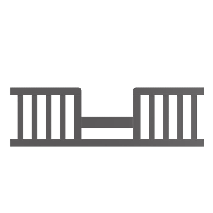 A simple cool gray illustration of the Child Craft F09514 Toddler Guard Rail, featuring a flat rail with vertical supports and a central gap connected by a sturdy horizontal beam.