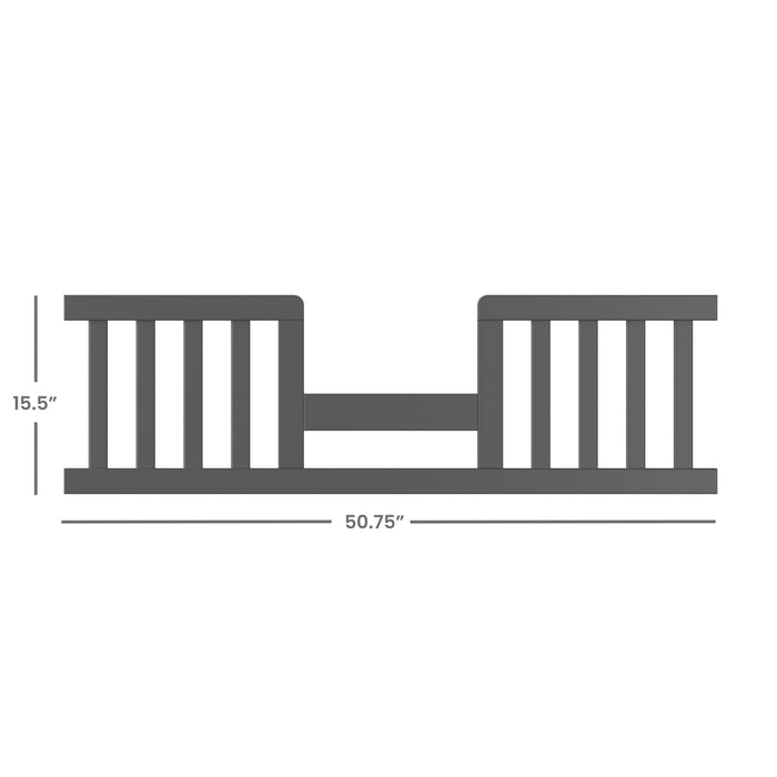 The Child Craft F09514 Toddler Guard Rail in Cool Gray features sturdy wood construction, vertical bars on each side, a center gap, and measures 15.5" high by 50.75" wide—perfect for toddler bed conversion.