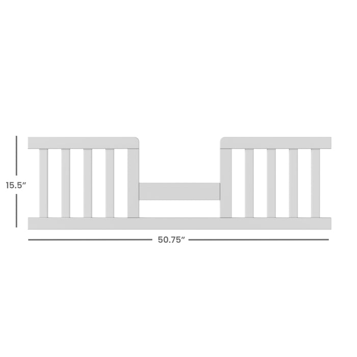 Diagram of the Child Craft F09514 Toddler Guard Rail in matte white, featuring durable wood, vertical slats, and measuring 15.5" tall by 50.75" wide—ideal for toddler bed conversion. Measurement lines and numbers are included.