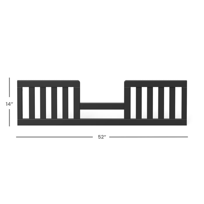 The Child Craft F09544 Toddler Guard Rail in Ebony features vertical slats, measures 14"H x 52"W, and is non-toxic—ideal as a crib conversion kit. Shown with labeled dimensions against a white background.