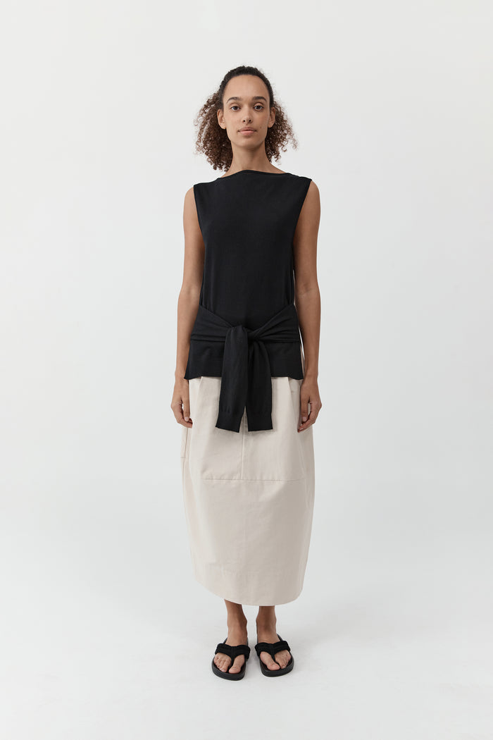 Fine Merino Tie Waist Top - Black