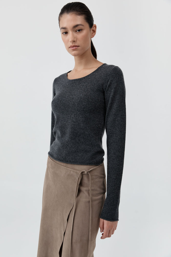 Fine Merino Wool Long Sleeve Top - Charcoal Melange