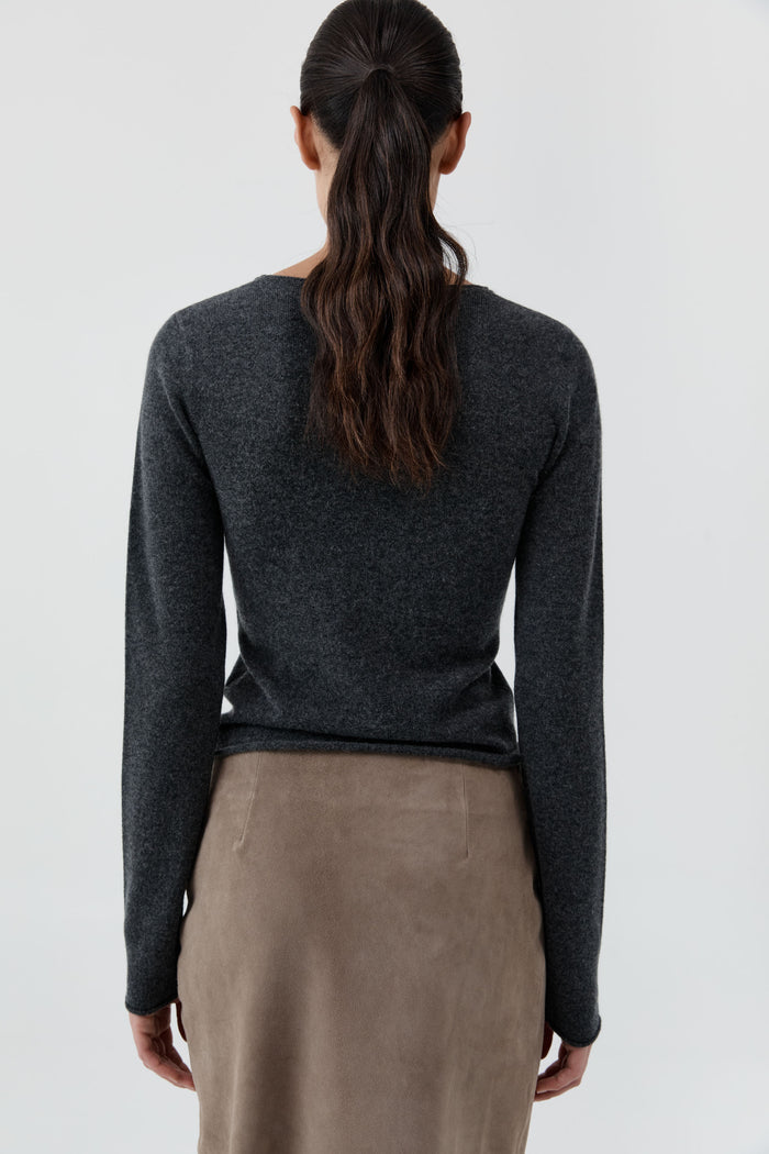 Fine Merino Wool Long Sleeve Top - Charcoal Melange